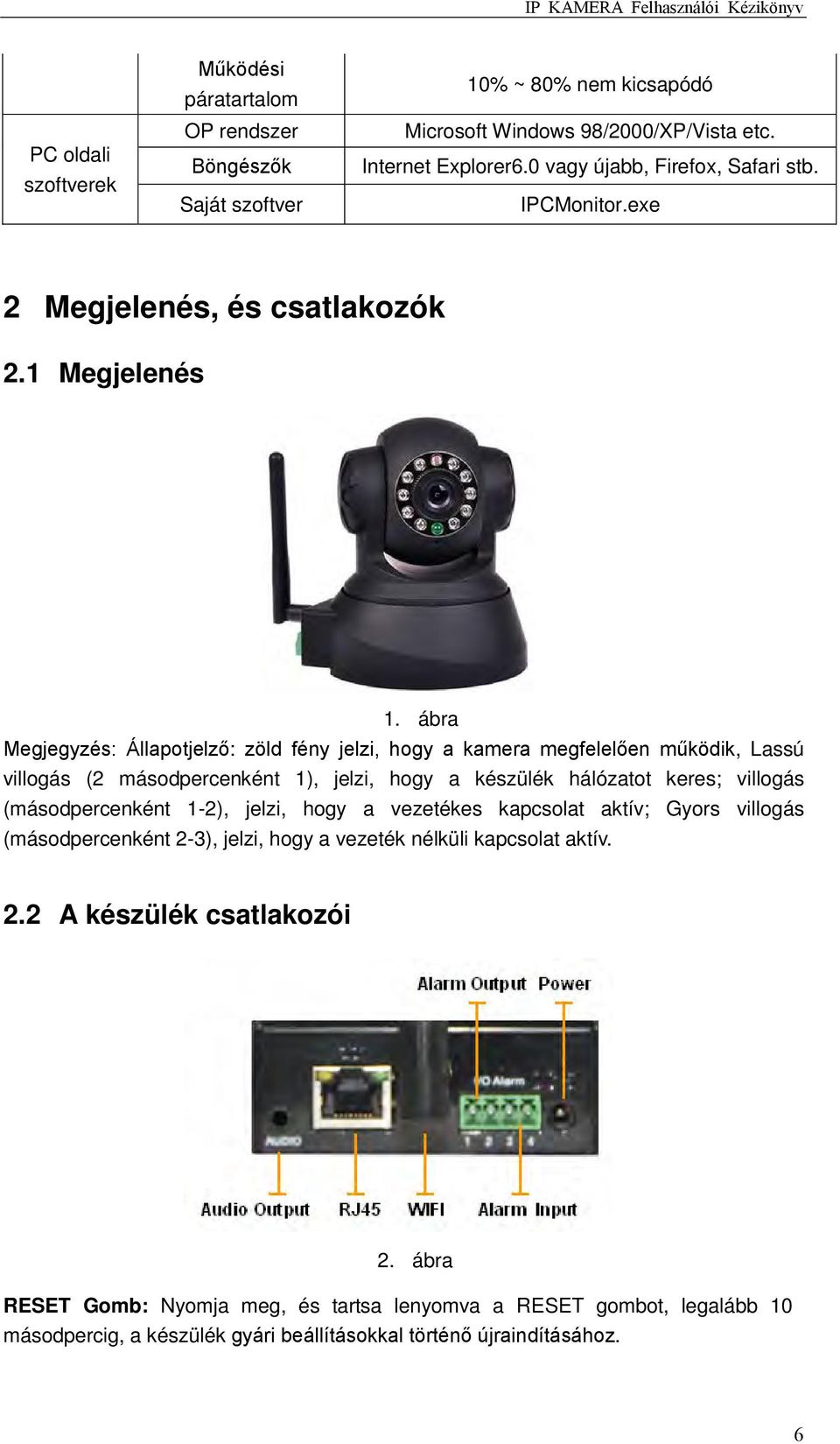 ábra Megjegyzés: Állapotjelző: zöld fény jelzi, hogy a kamera megfelelően működik, Lassú villogás (2 másodpercenként 1), jelzi, hogy a készülék hálózatot keres; villogás (másodpercenként