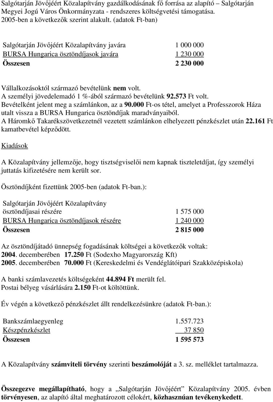 A személyi jövedelemadó 1 %-ából származó bevételünk 92.573 Ft volt. Bevételként jelent meg a számlánkon, az a 90.