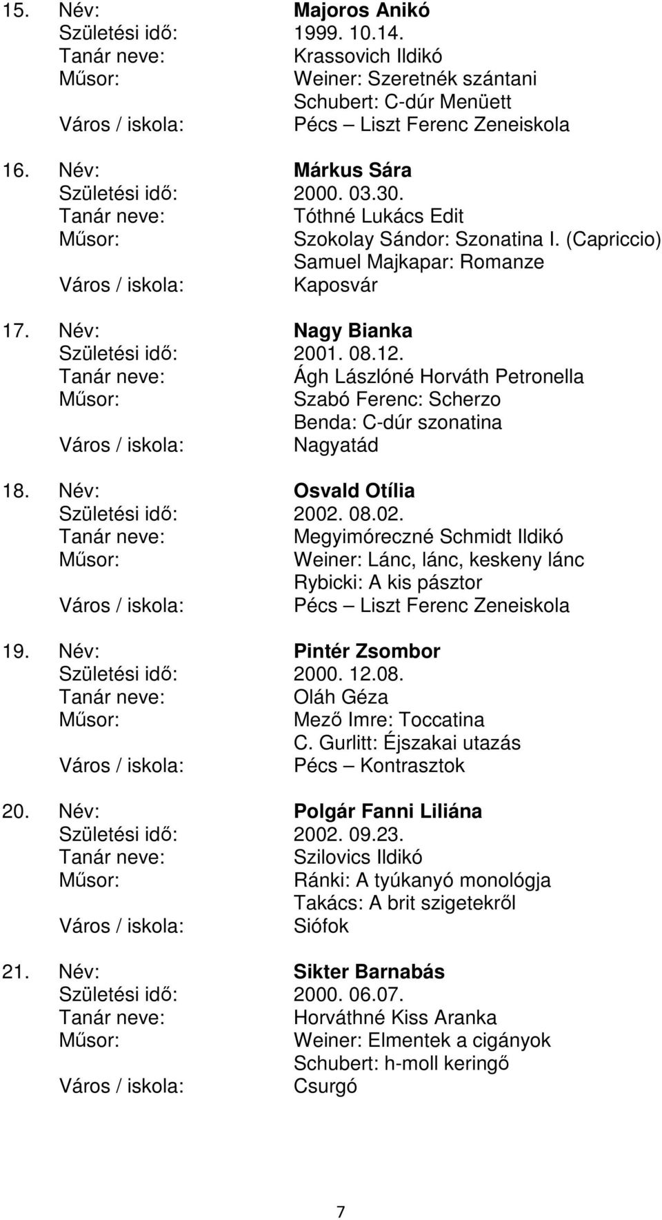 Ágh Lászlóné Horváth Petronella Szabó Ferenc: Scherzo Benda: C-dúr szonatina Nagyatád 18. Név: Osvald Otília Születési idı: 2002.