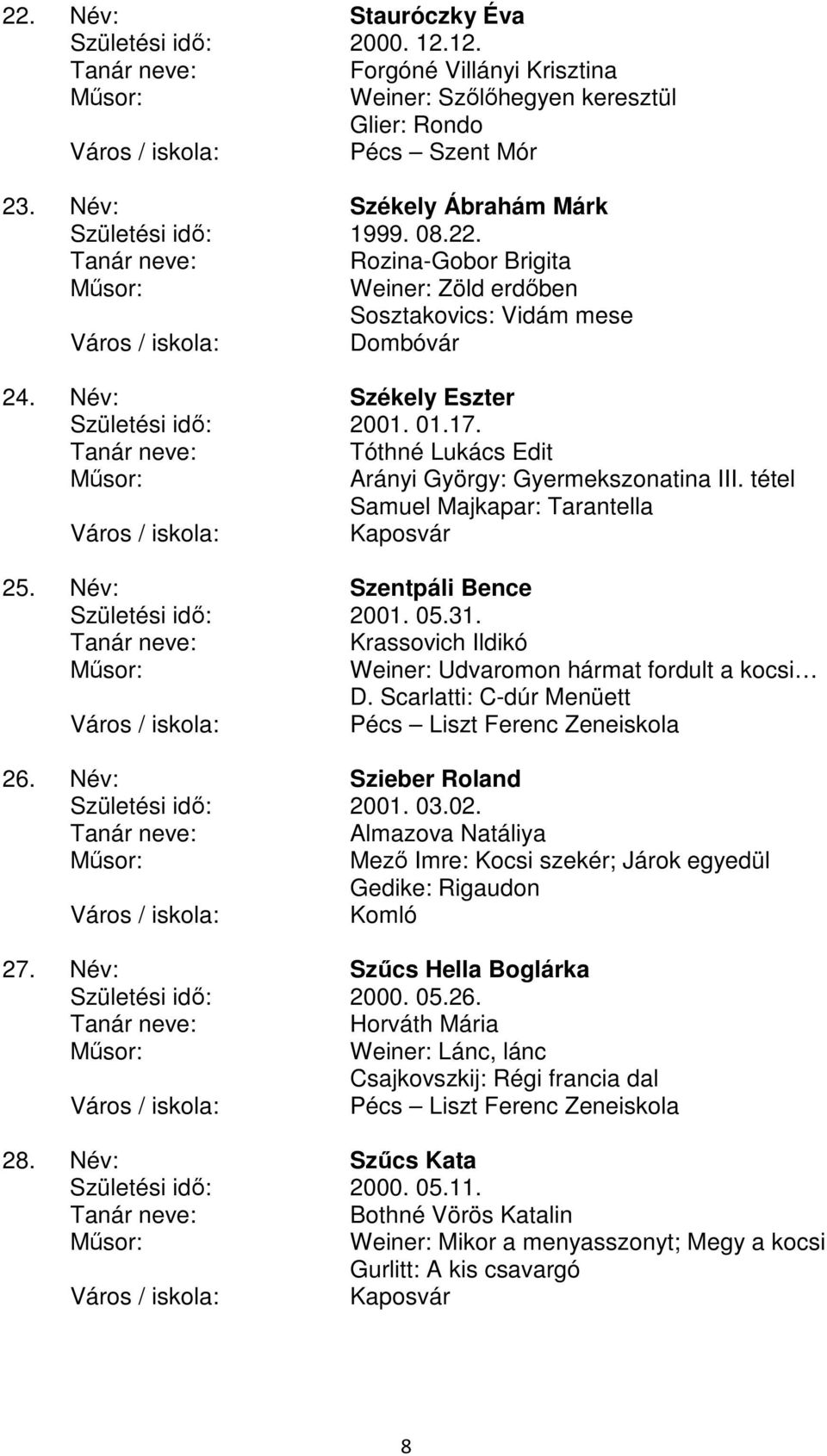 Krassovich Ildikó Weiner: Udvaromon hármat fordult a kocsi D. Scarlatti: C-dúr Menüett 26. Név: Szieber Roland Születési idı: 2001. 03.02.