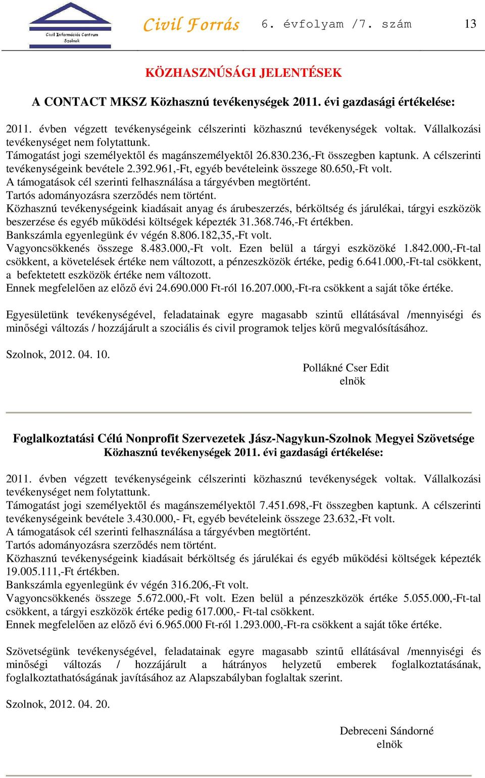 961,-Ft, egyéb bevételeink összege 80.650,-Ft volt. A támogatások cél szerinti felhasználása a tárgyévben megtörtént. Tartós adományozásra szerződés nem történt.