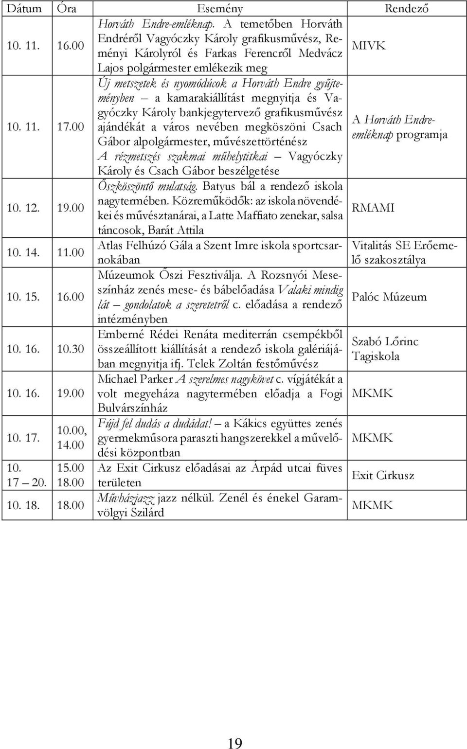 megköszöni Csach Gábor alpolgármester, művészettörténész A rézmetszés szakmai műhelytitkai Vagyóczky Károly és Csach Gábor beszélgetése 10. 12. 19.00 Őszköszöntő mulatság.