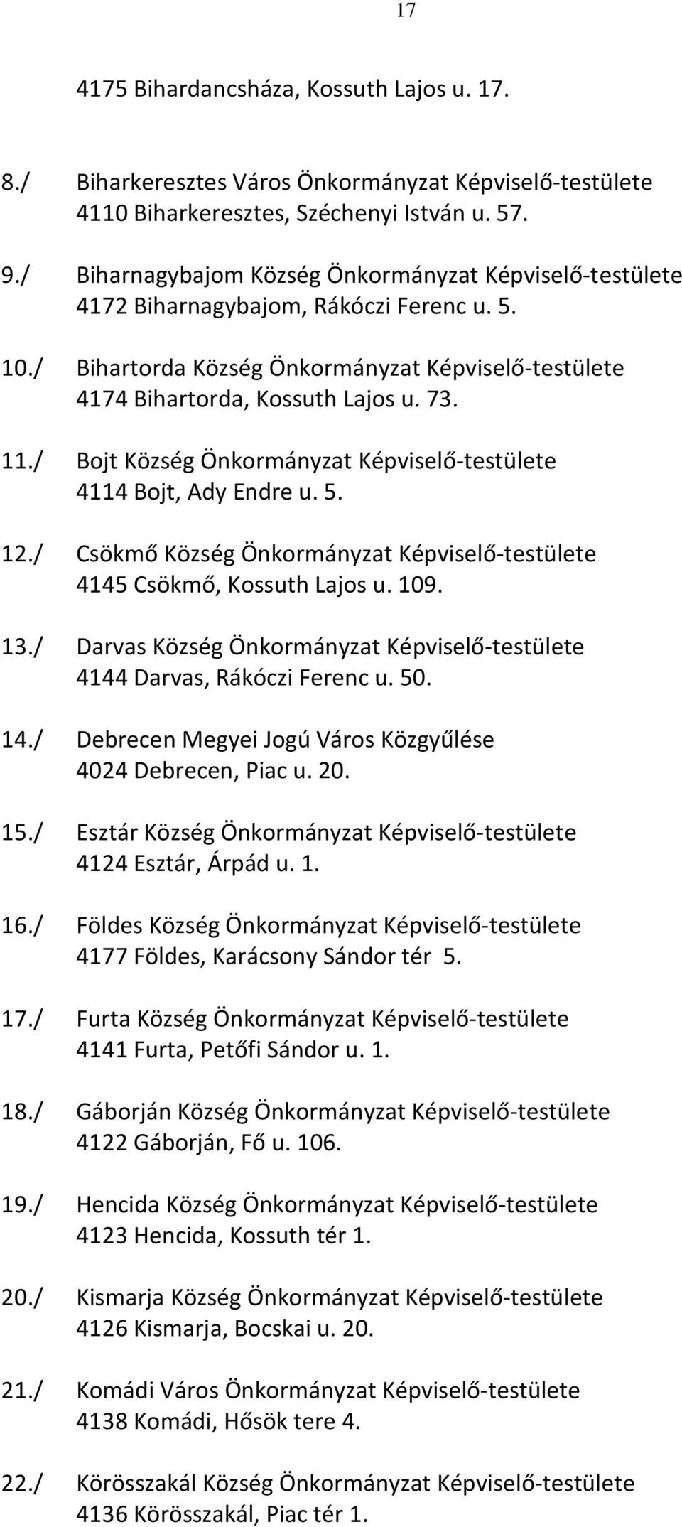 / Bojt Község Önkormányzat Képviselő-testülete 4114 Bojt, Ady Endre u. 5. 12./ Csökmő Község Önkormányzat Képviselő-testülete 4145 Csökmő, Kossuth Lajos u. 109. 13.