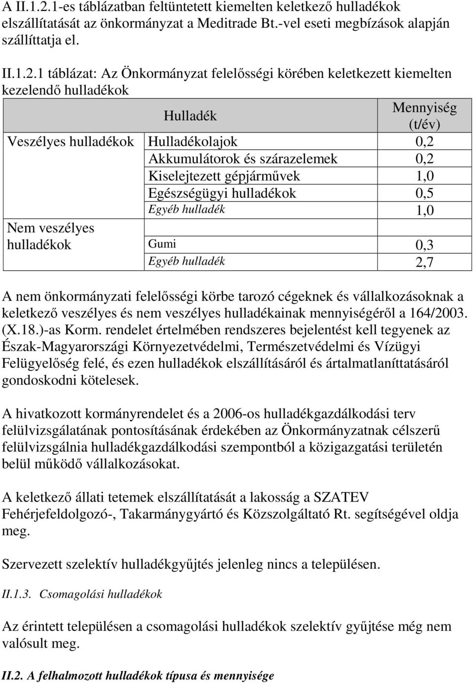 1 táblázat: Az Önkormányzat felelısségi körében keletkezett kiemelten kezelendı hulladékok Hulladék Mennyiség (t/év) Veszélyes hulladékok Hulladékolajok 0,2 Akkumulátorok és szárazelemek 0,2