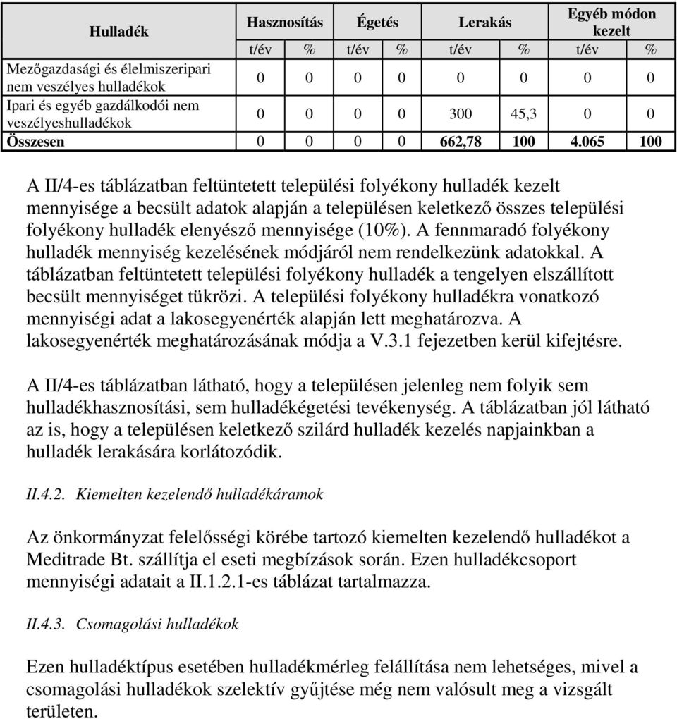 065 100 A II/4-es táblázatban feltüntetett települési folyékony hulladék kezelt mennyisége a becsült adatok alapján a településen keletkezı összes települési folyékony hulladék elenyészı mennyisége