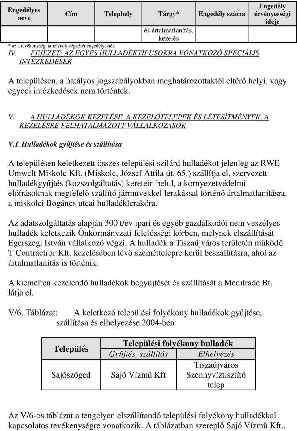 jogszabályokban meghatározottaktól eltérı helyi, vagy egyedi intézkedések nem történtek. V. A HULLADÉKOK KEZELÉSE, A KEZELİTELEPEK ÉS LÉTESÍTMÉNYEK, A KEZELÉSRE FELHATALMAZOTT VÁLLALKOZÁSOK V.1.