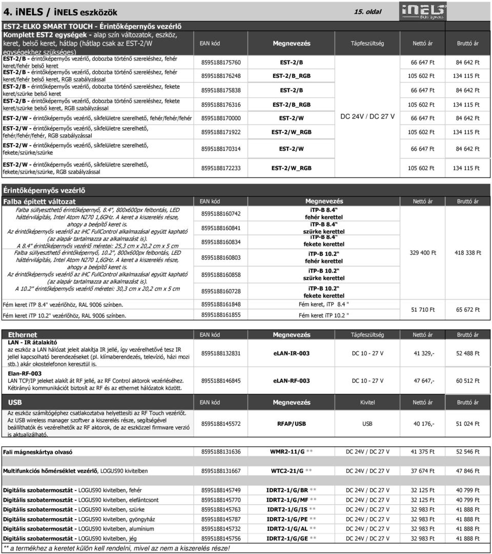 Bruttó ár ekhez szükséges) EST-2/B - érintőképernyős vezérlő, dobozba történő szehez, fehér keret/fehér belső keret 8595188175760 EST-2/B 66 647 Ft 84 642 Ft EST-2/B - érintőképernyős vezérlő,