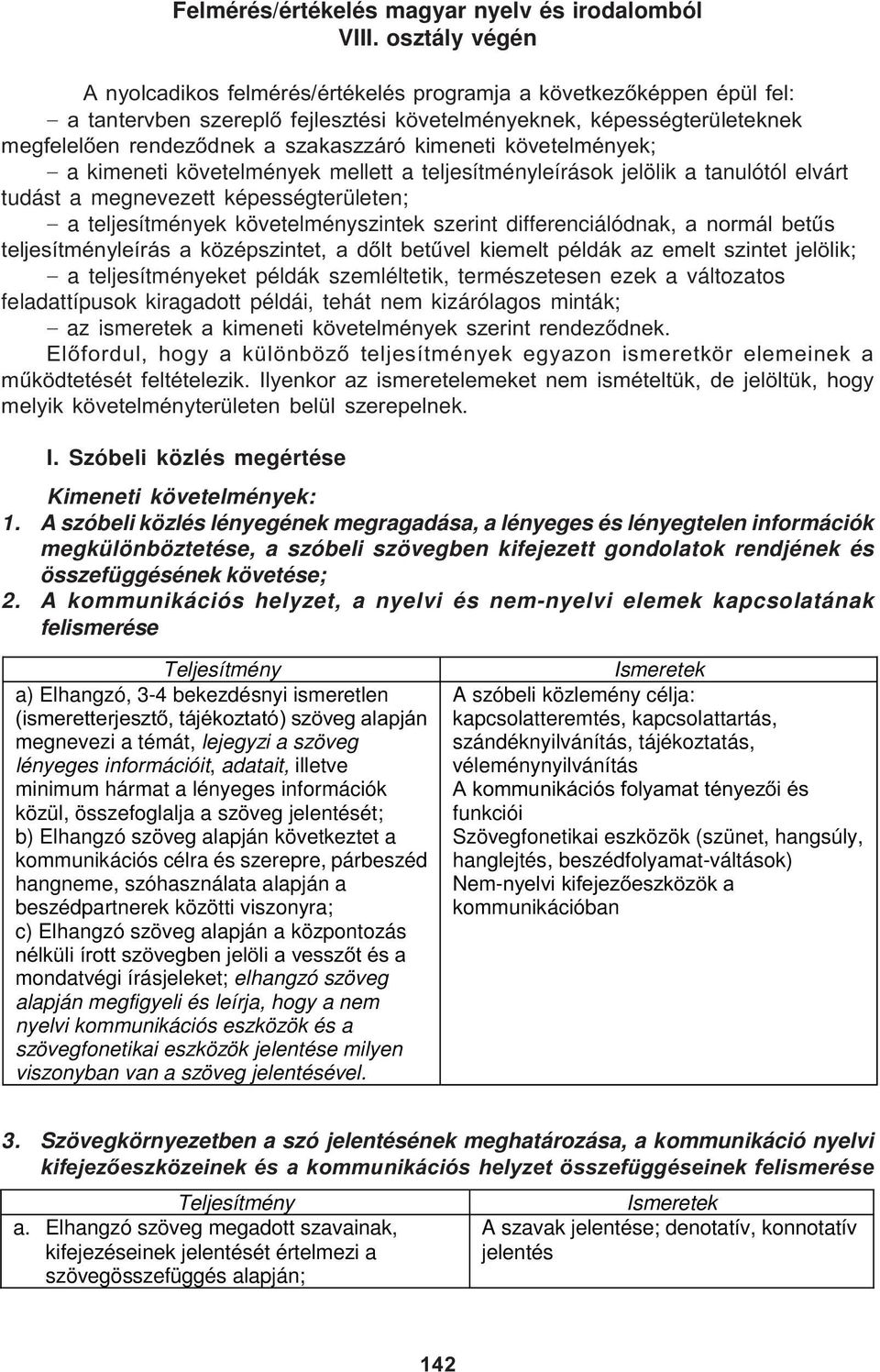 kimeneti követelmények; a kimeneti követelmények mellett a teljesítményleírások jelölik a tanulótól elvárt tudást a megnevezett képességterületen; a teljesítmények követelményszintek szerint