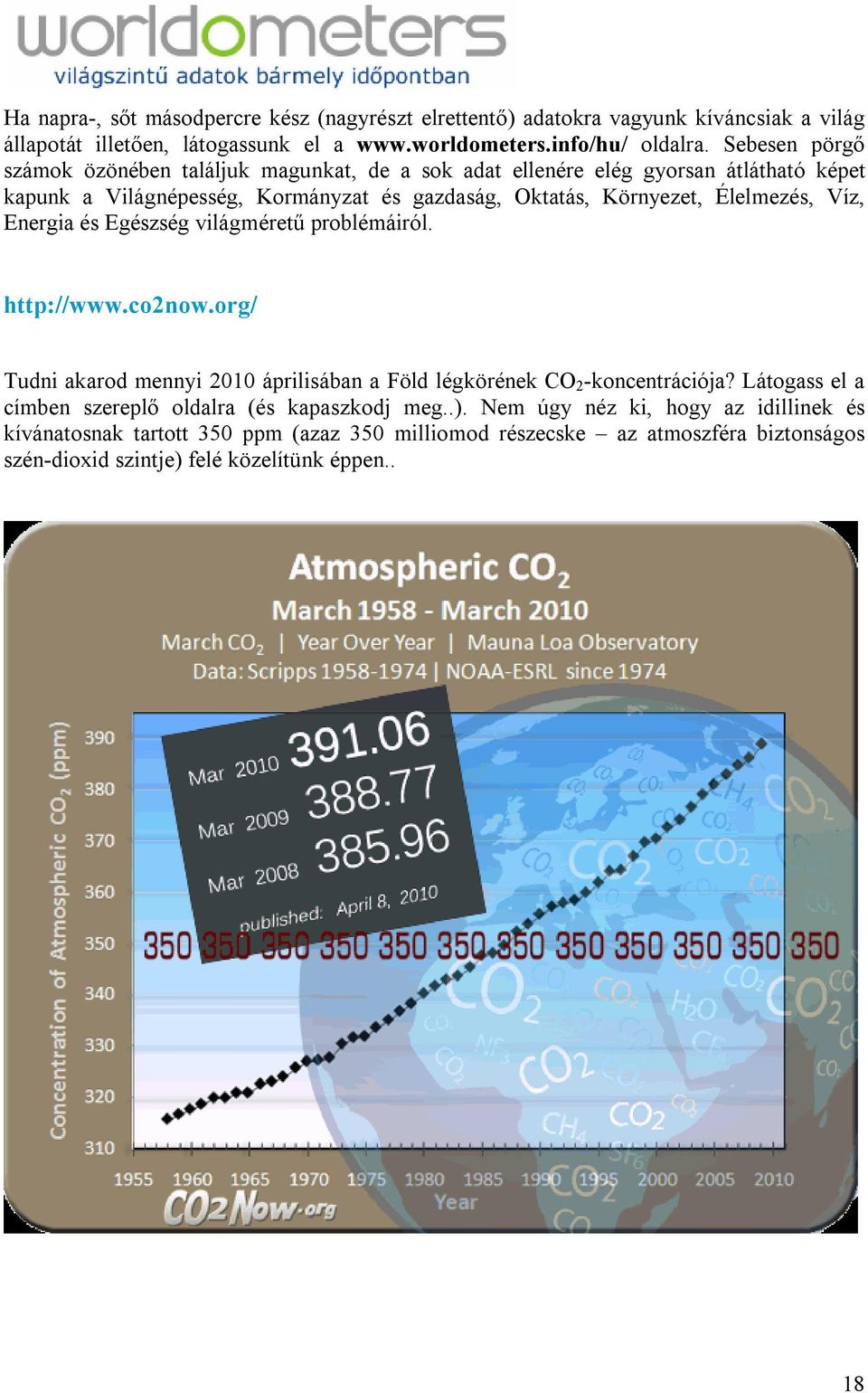 Víz, Energia és Egészség világméretű problémáiról. http://www.co2now.org/ Tudni akarod mennyi 2010 áprilisában a Föld légkörének CO 2 -koncentrációja?