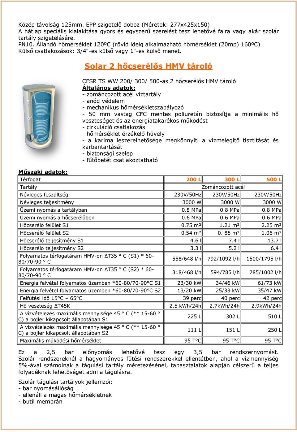 Solar 2 hőcserélős HMV tároló Műszaki adatok: CFSR TS WW 200/ 300/ 500-as 2 hőcserélős HMV tároló Általános adatok: - zománcozott acél víztartály - anód védelem - mechanikus hőmérsékletszabályozó -