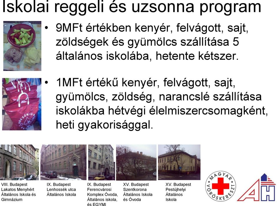 1MFt értékű kenyér, felvágott, sajt, gyümölcs, zöldség, narancslé szállítása iskolákba hétvégi élelmiszercsomagként, heti gyakorisággal.