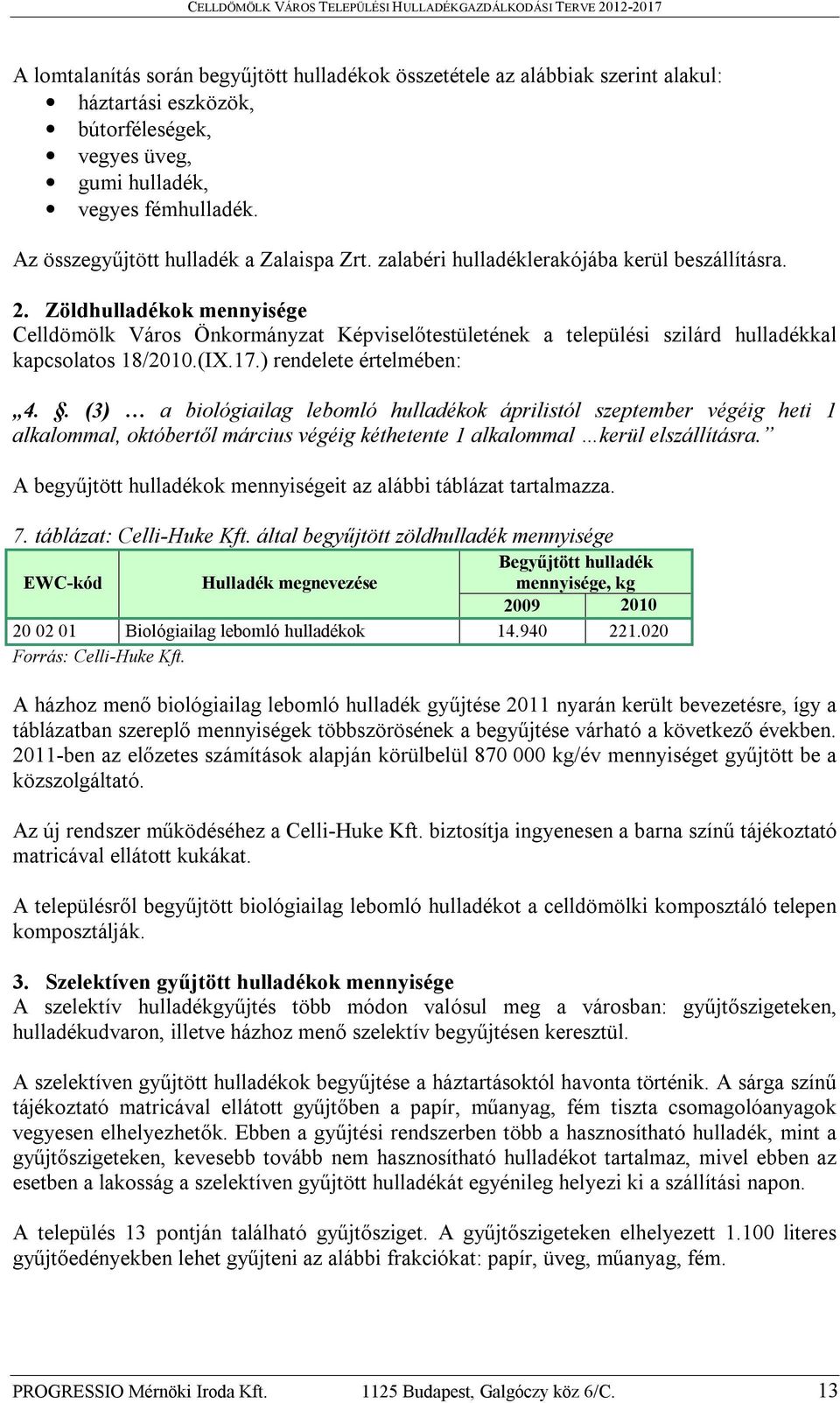 Zöldhulladékok mennyisége Celldömölk Város Önkormányzat Képviselőtestületének a települési szilárd hulladékkal kapcsolatos 18/2010.(IX.17.) rendelete értelmében: 4.