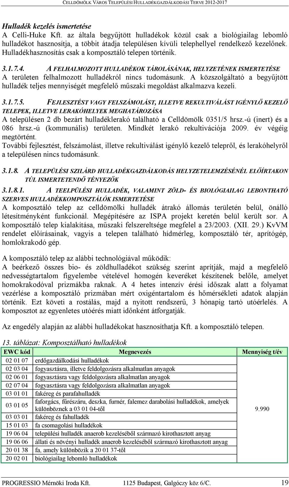 Hulladékhasznosítás csak a komposztáló telepen történik. 3.1.7.4. A FELHALMOZOTT HULLADÉKOK TÁROLÁSÁNAK, HELYZETÉNEK ISMERTETÉSE A területen felhalmozott hulladékról nincs tudomásunk.