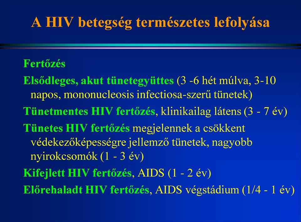 év) Tünetes HIV fertőzés megjelennek a csökkent védekezőképességre jellemző tünetek, nagyobb