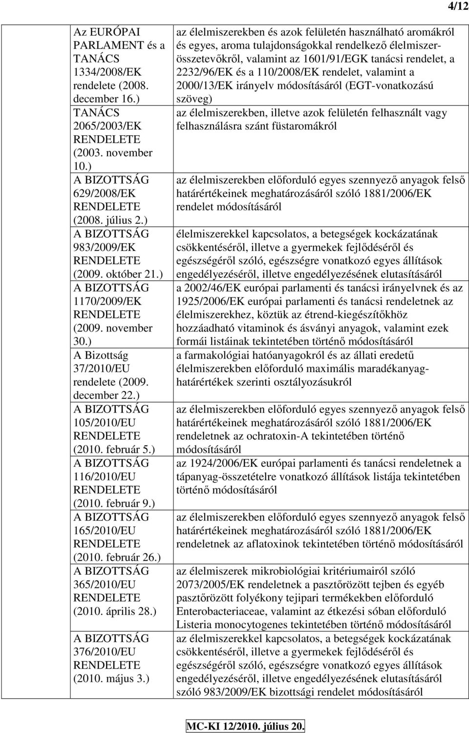 ) 365/2010/EU (2010. ápriis 28.) 376/2010/EU (2010. május 3.