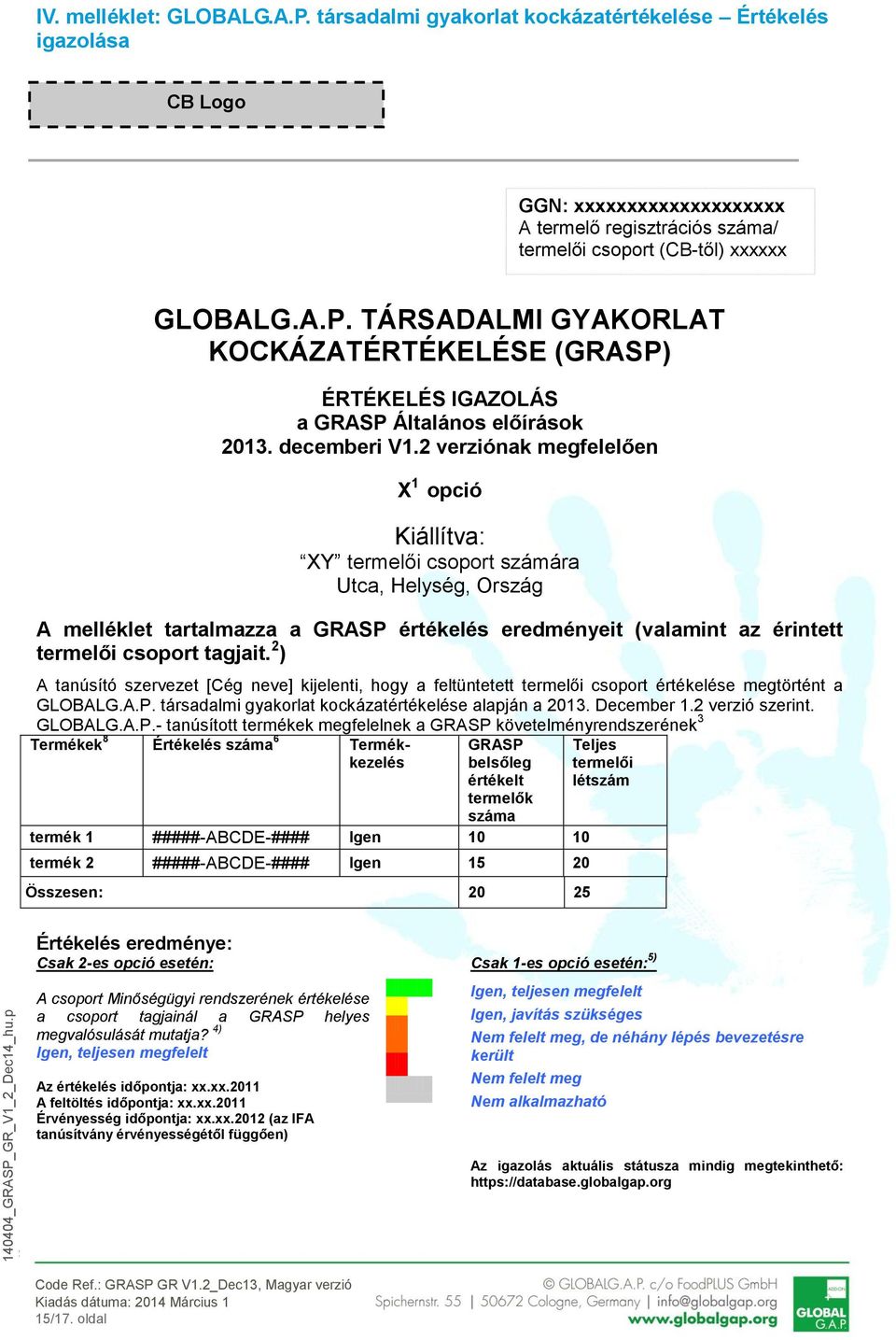 2 verziónak megfelelően X 1 opció Kiállítva: XY termelői csoport számára Utca, Helység, Ország A melléklet tartalmazza a GRASP értékelés eredményeit (valamint az érintett termelői csoport tagjait.