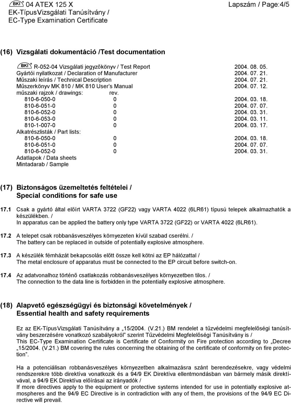 03. 31. 810-6-053-0 0 2004. 03. 11. 810-1-007-0 0 2004. 03. 17. Alkatrészlisták / Part lists: 810-6-050-0 0 2004. 03. 18. 810-6-051-0 0 2004. 07. 07. 810-6-052-0 0 2004. 03. 31. Adatlapok / Data sheets Mintadarab / Sample (17) Biztonságos üzemeltetés feltételei / Special conditions for safe use 17.