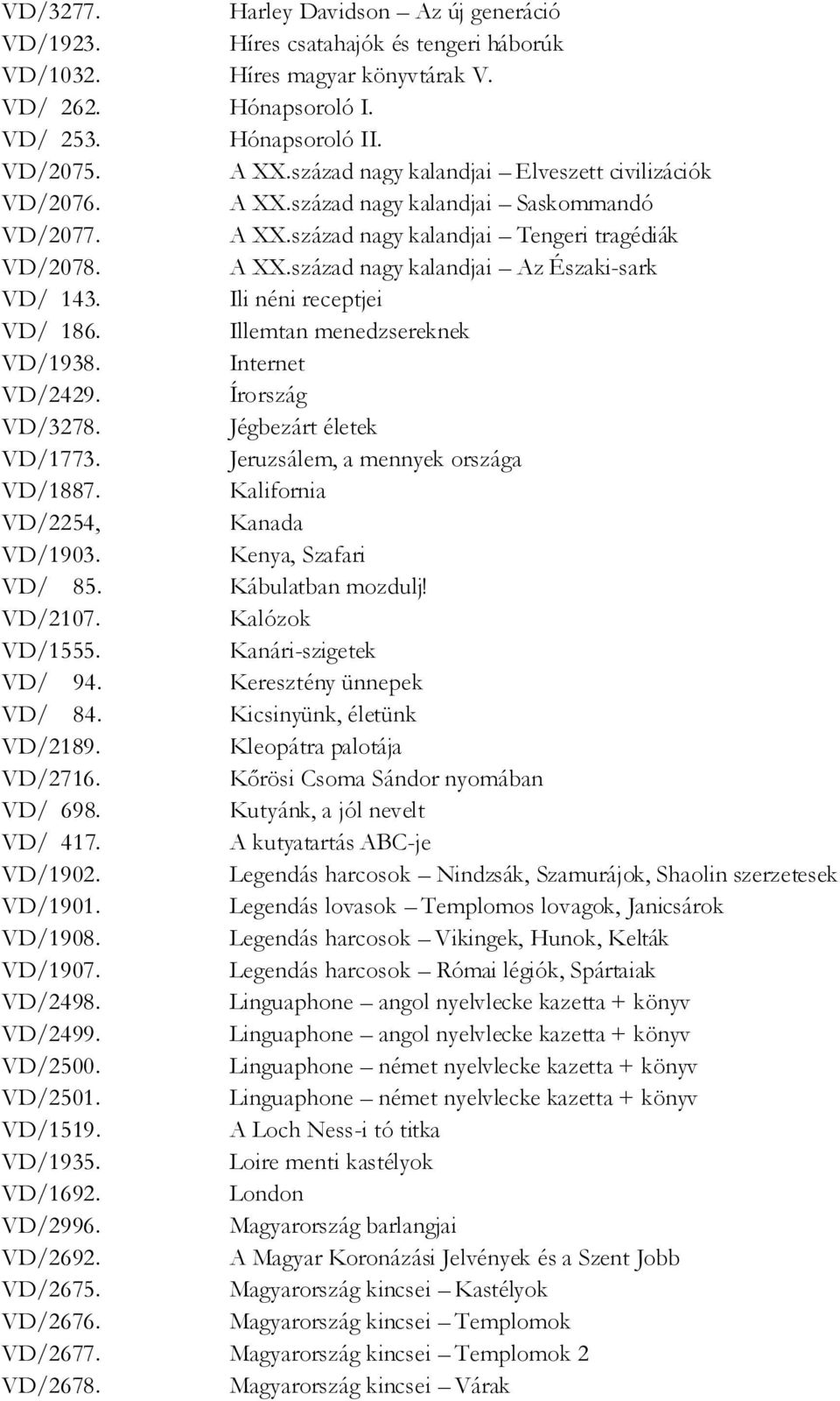 Ili néni receptjei VD/ 186. Illemtan menedzsereknek VD/1938. Internet VD/2429. Írország VD/3278. Jégbezárt életek VD/1773. Jeruzsálem, a mennyek országa VD/1887. Kalifornia VD/2254, Kanada VD/1903.