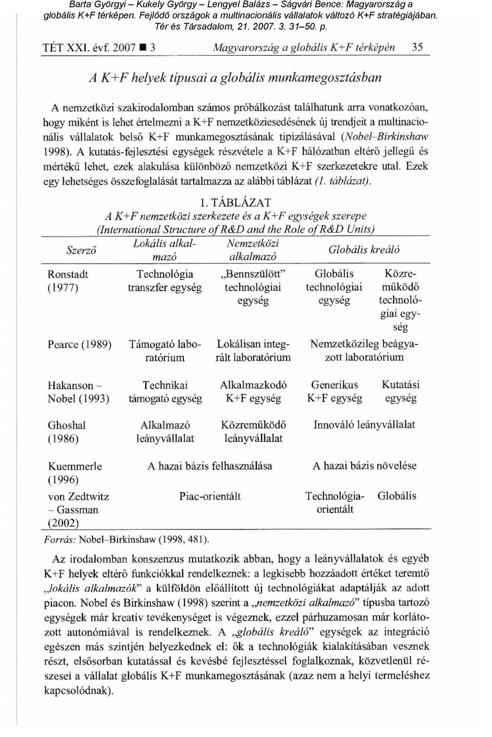 értelmezni a K+F nemzetköziesedésének új trendjeit a multinacionális vállalatok bels ő K+F munlcamegosztásának tipizálásával (Nobel Birkinshaw 1998).