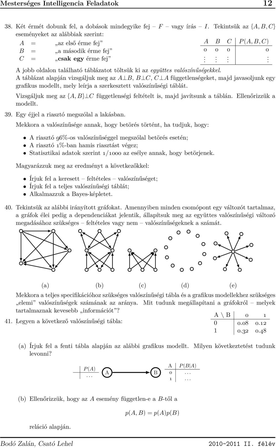 ... A jobb oldalon található táblázatot töltsük ki az együttes valószínűségekkel.