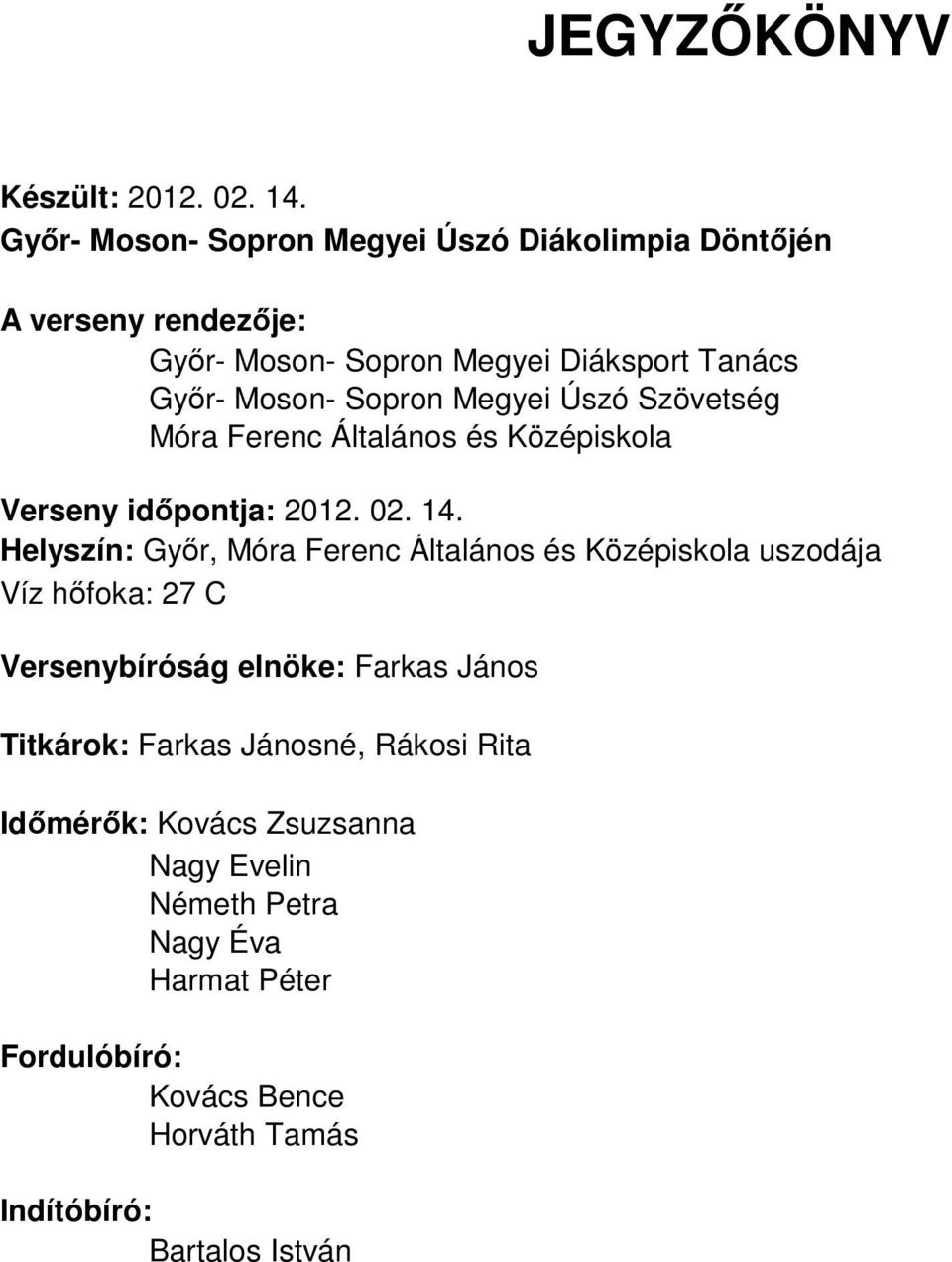 Megyei Úszó Szövetség Móra Ferenc Általános és Középiskola Verseny időpontja: 2012. 02. 14.