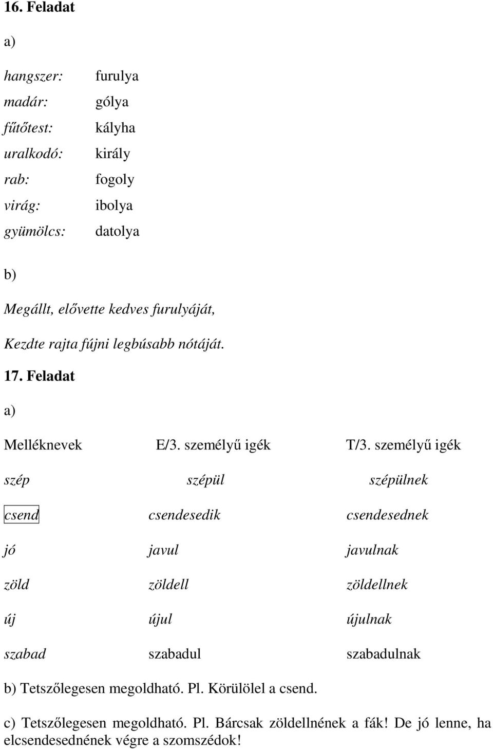 személyű igék szép szépül szépülnek csend csendesedik csendesednek jó javul javulnak zöld zöldell zöldellnek új újul újulnak szabad szabadul