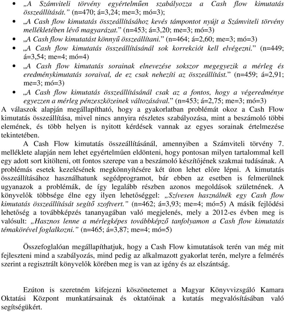 (n=453; á=3,20; me=3; mó=3) A Cash flow kimutatást könnyű összeállítani. (n=464; á=2,60; me=3; mó=3) A Cash flow kimutatás összeállításánál sok korrekciót kell elvégezni.