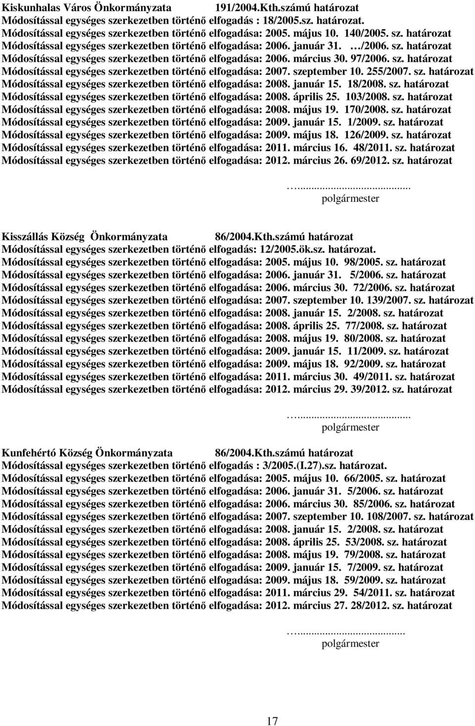 97/2006. sz. határozat Módosítással egységes szerkezetben történő elfogadása: 2007. szeptember 10. 255/2007. sz. határozat Módosítással egységes szerkezetben történő elfogadása: 2008. január 15.