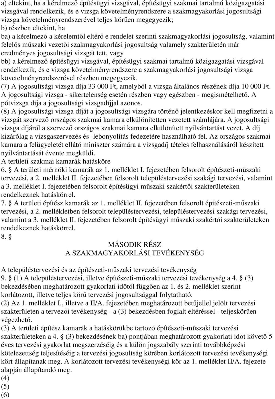 szakmagyakorlási jogosultság valamely szakterületén már eredményes jogosultsági vizsgát tett, vagy bb) a kérelmező építésügyi vizsgával, építésügyi szakmai tartalmú közigazgatási vizsgával