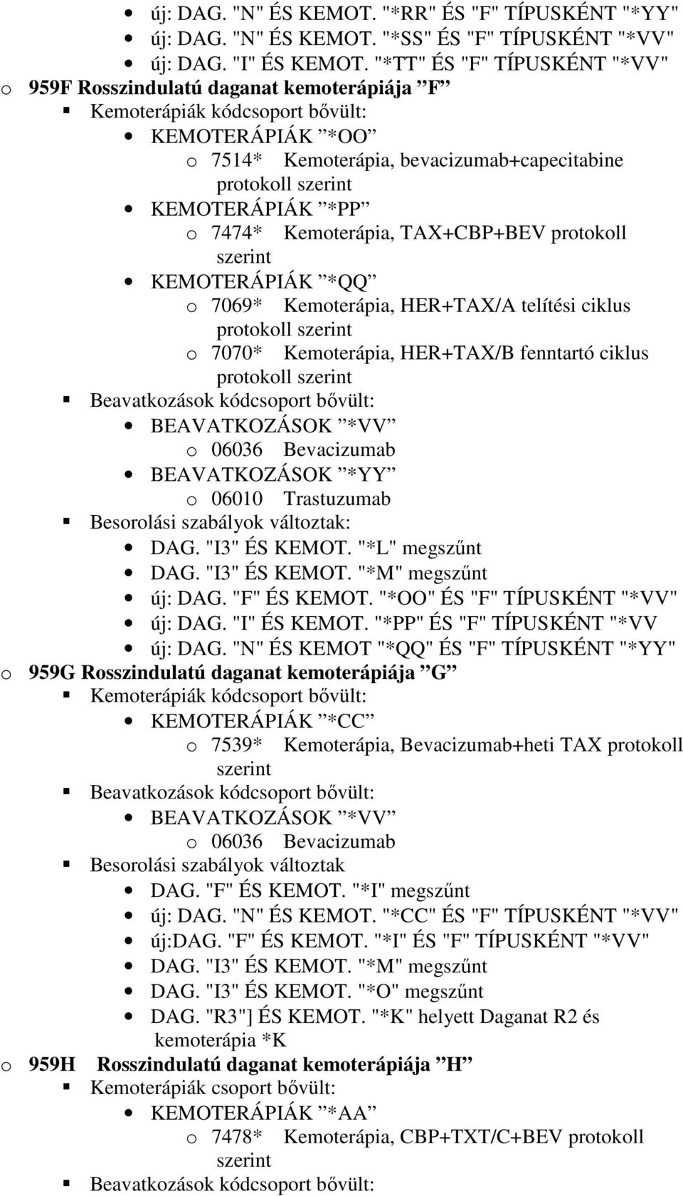 *PP o 7474* Kemoterápia, TAX+CBP+BEV protokoll szerint KEMOTERÁPIÁK *QQ o 7069* Kemoterápia, HER+TAX/A telítési ciklus protokoll szerint o 7070* Kemoterápia, HER+TAX/B fenntartó ciklus protokoll