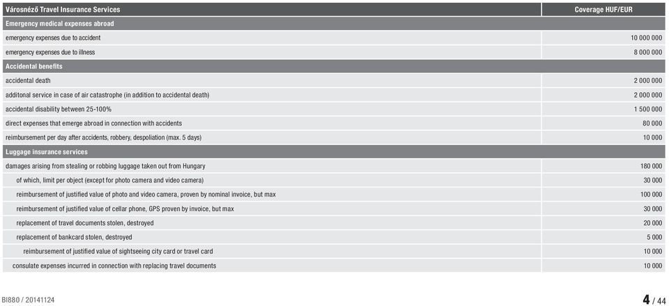 in connection with accidents 80 000 reimbursement per day after accidents, robbery, despoliation (max.