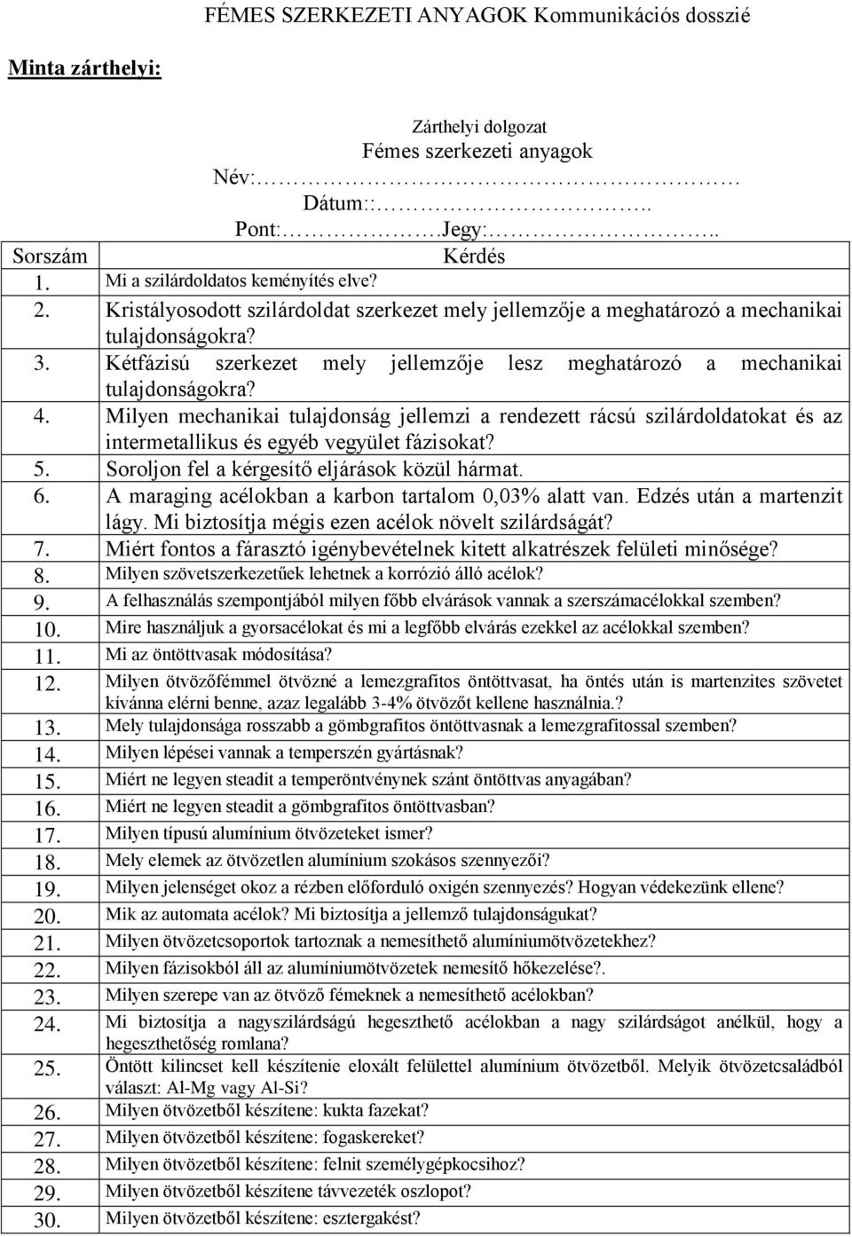 Milyen mechanikai tulajdonság jellemzi a rendezett rácsú szilárdoldatokat és az intermetallikus és egyéb vegyület fázisokat? 5. Soroljon fel a kérgesítő eljárások közül hármat. 6.