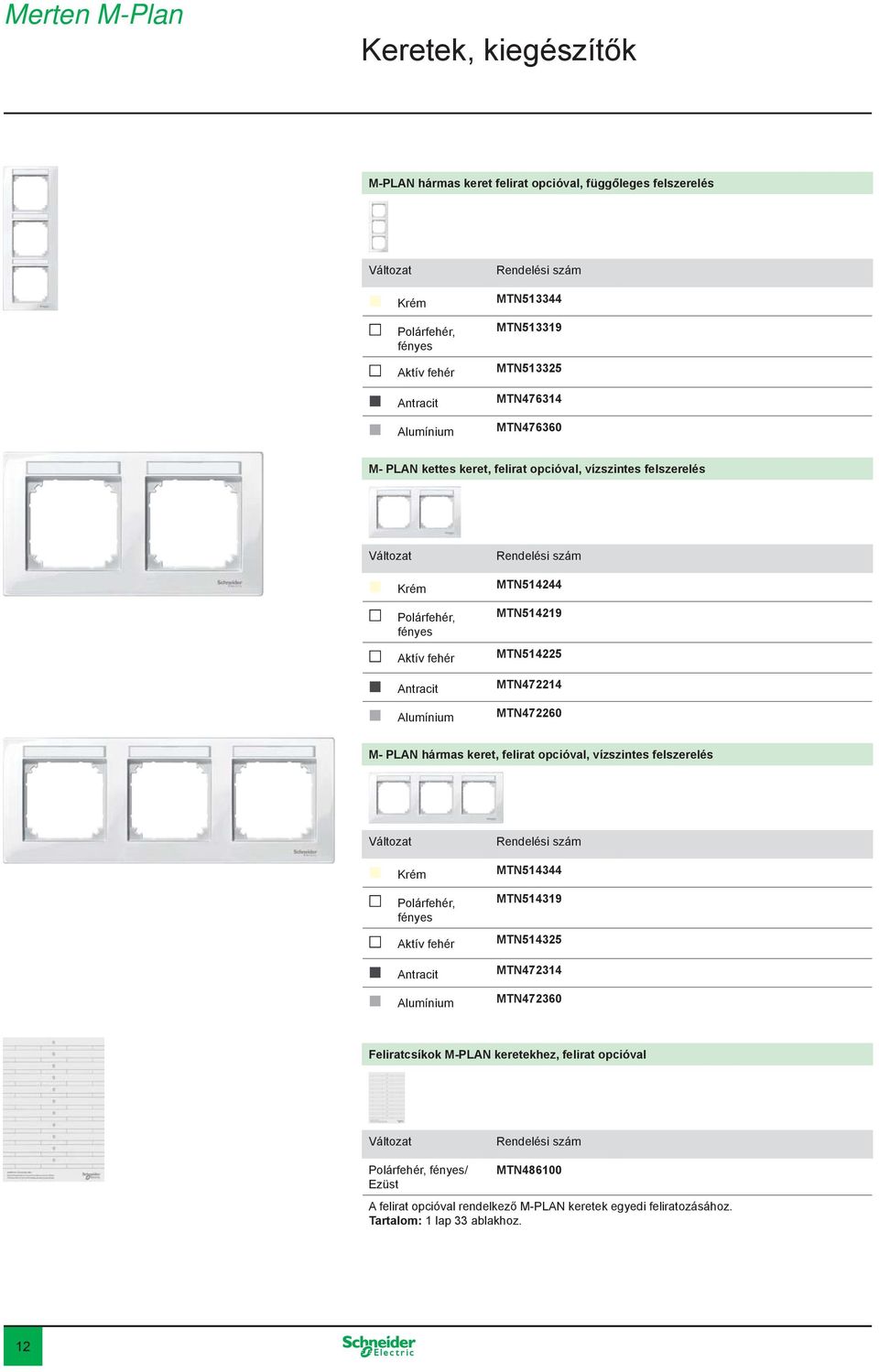 MTN472260 M- PLAN hármas keret, felirat opcióval, vízszintes felszerelés Krém MTN514344 MTN514319 Aktív fehér MTN514325 Antracit MTN472314 Alumínium MTN472360