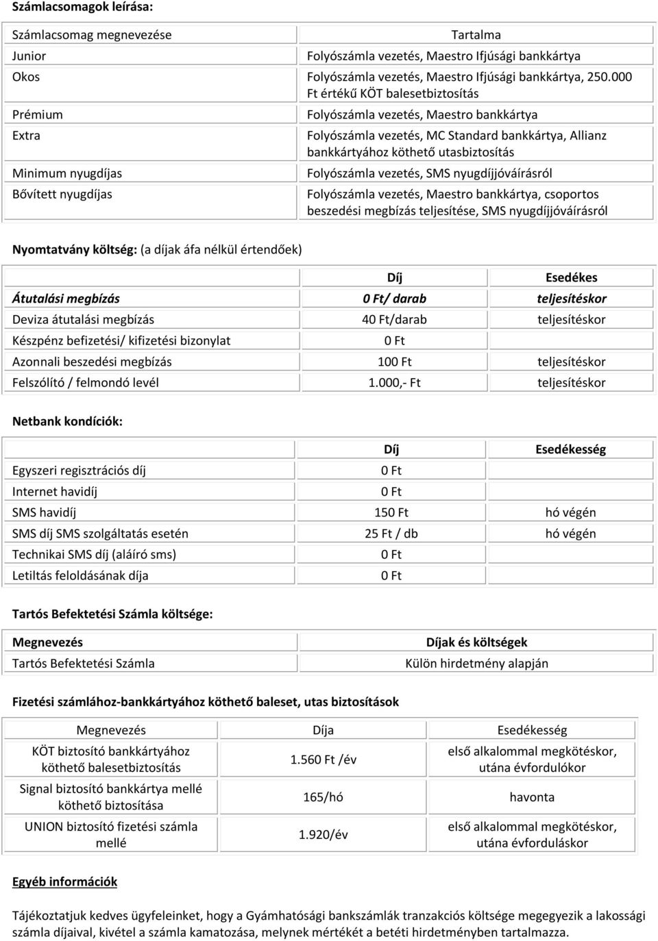 Folyószámla vezetés, SMS nyugdíjjóváírásról Folyószámla vezetés, Maestro, csoportos beszedési megbízás teljesítése, SMS nyugdíjjóváírásról Nyomtatvány költség: (a díjak áfa nélkül értendőek) Díj