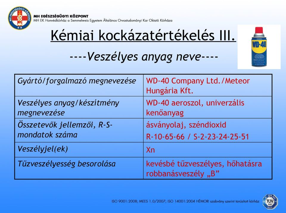 Összetevők jellemzői, R-Smondatok száma Veszélyjel(ek) Tűzveszélyesség besorolása WD-40 Company