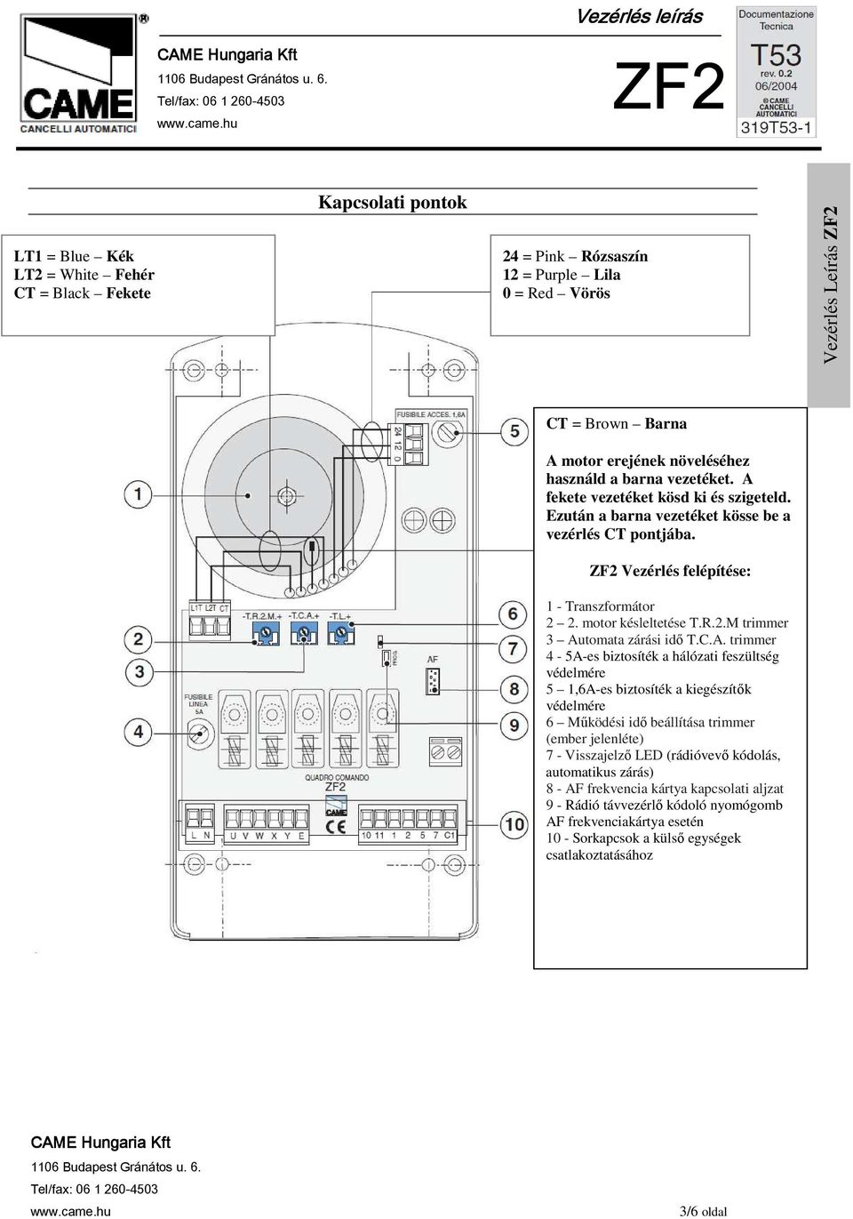 C.A. trimmer 4-5A-es biztosíték a hálózati feszültség védelmére 5 1,6A-es biztosíték a kiegészítık védelmére 6 Mőködési idı beállítása trimmer (ember jelenléte) 7 - Visszajelzı LED (rádióvevı