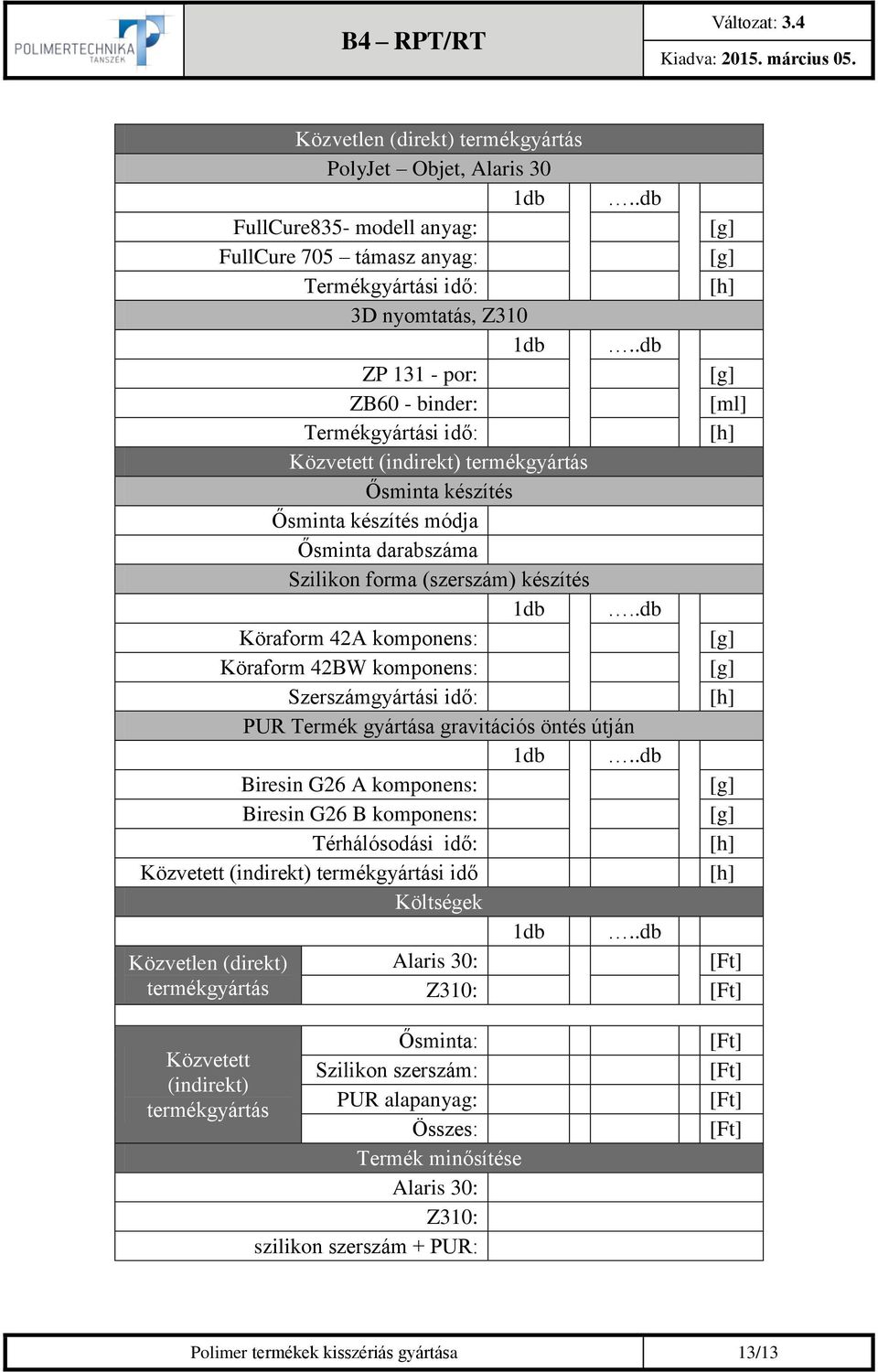 .db Köraform 42A komponens: Köraform 42BW komponens: Szerszámgyártási idő: PUR Termék gyártása gravitációs öntés útján 1db.