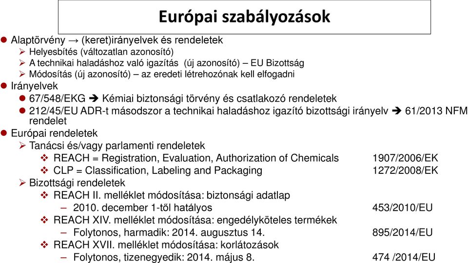 rendelet Európai rendeletek Tanácsi és/vagy parlamenti rendeletek REACH = Registration, Evaluation, Authorization of Chemicals 1907/2006/EK CLP = Classification, Labeling and Packaging 1272/2008/EK