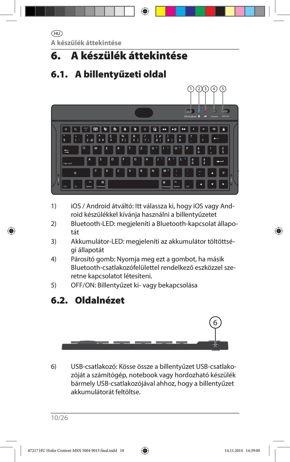 _ - Fn Option Option 1) ios / Android átváltó: Itt válassza ki, hogy ios vagy Android készülékkel kívánja használni a billentyűzetet 2) Bluetooth-LED: megjeleníti a Bluetooth-kapcsolat állapotát 3)