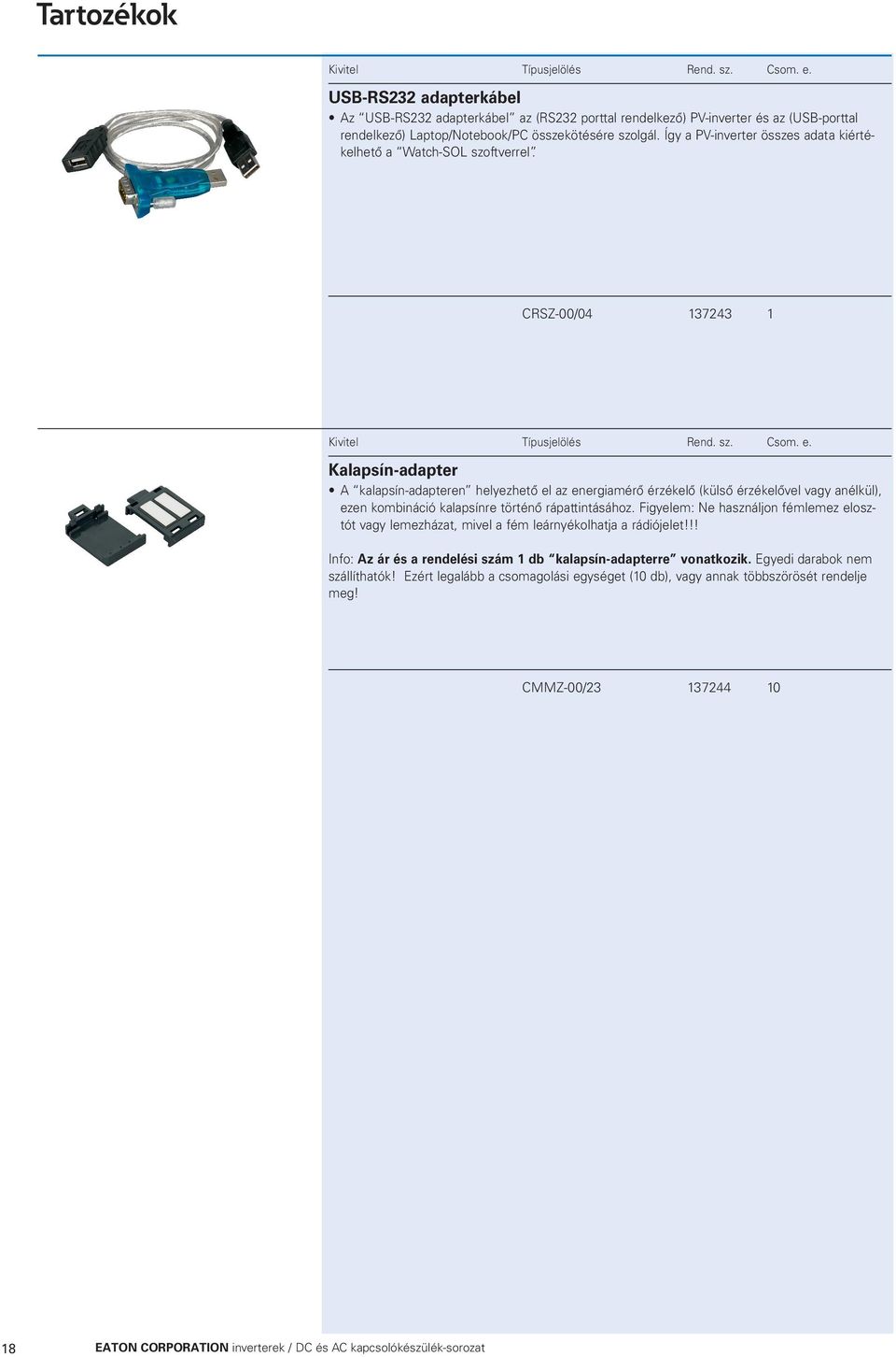 Így a PV-inverter összes adata kiértékelhető a Watch-SOL szoftverrel. CRSZ-00/04 137243 1 Kivitel Típusjelölés Rend. sz. Csom. e.