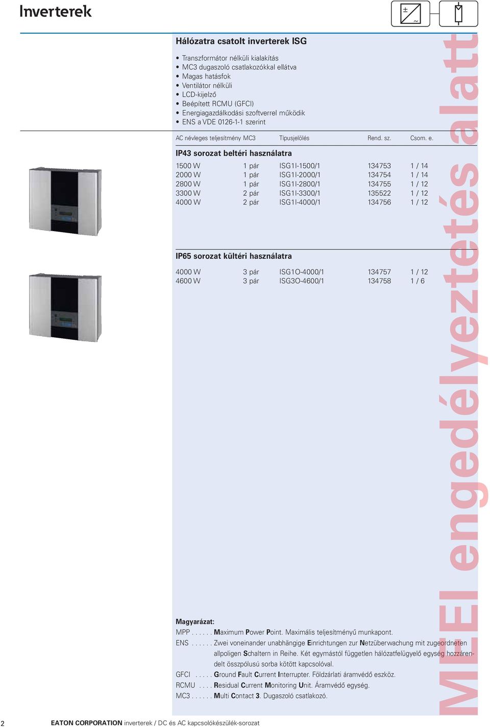 CORPORATION inverterek / DC és AC kapcsolókészülék-sorozat AC névleges teljesítmény MC3 Típusjelölés Rend. sz. Csom. e.