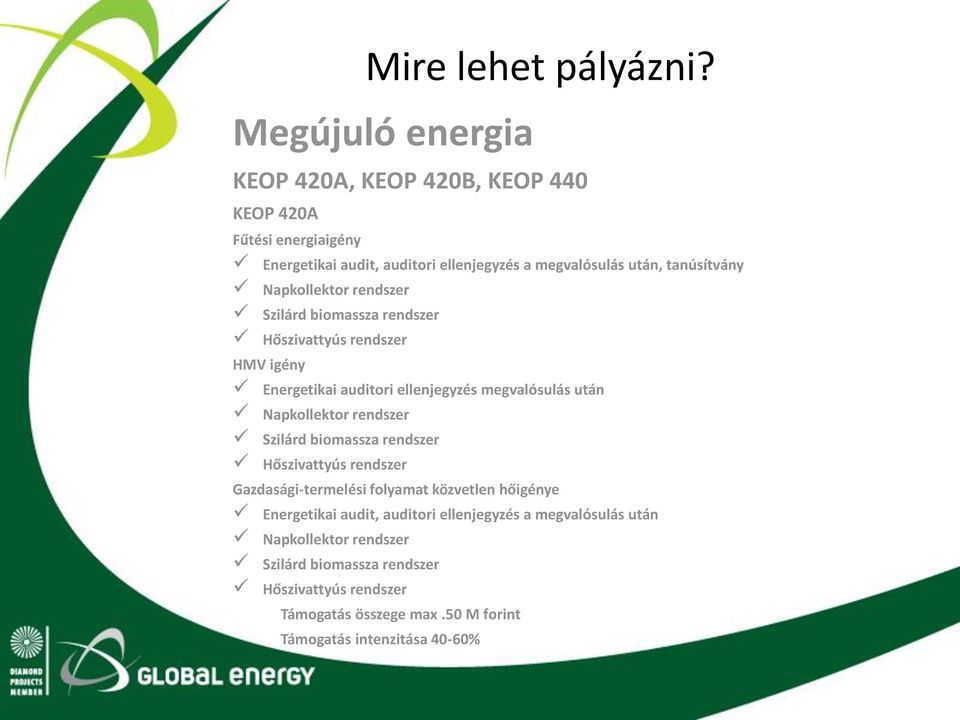 Napkollektor rendszer Szilárd biomassza rendszer Hőszivattyús rendszer HMV igény Energetikai auditori ellenjegyzés megvalósulás után Napkollektor rendszer