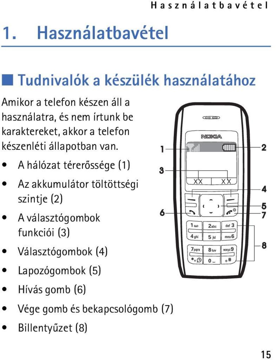 A hálózat térerõssége (1) Az akkumulátor töltöttségi szintje (2) A választógombok funkciói (3)