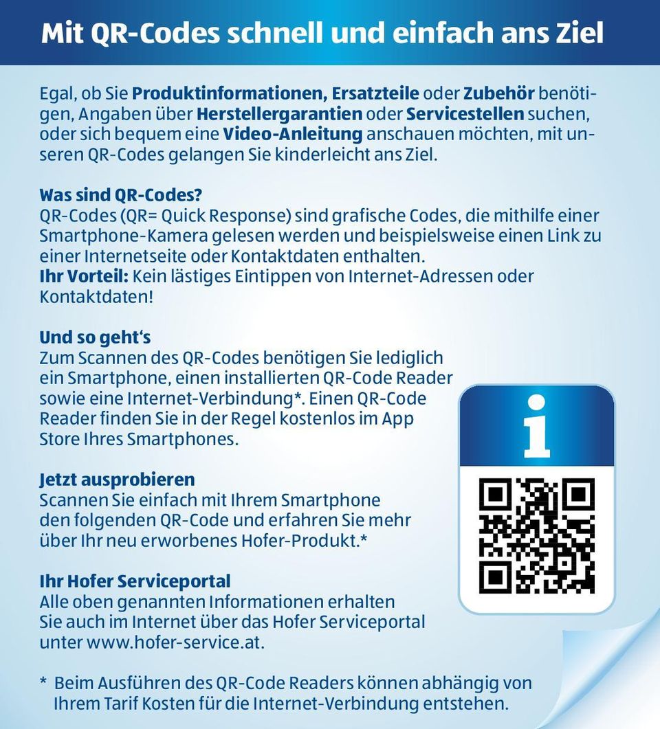 QR-Codes (QR= Quick Response) sind grafische Codes, die mithilfe einer Smartphone-Kamera gelesen werden und beispielsweise einen Link zu einer Internetseite oder Kontaktdaten enthalten.