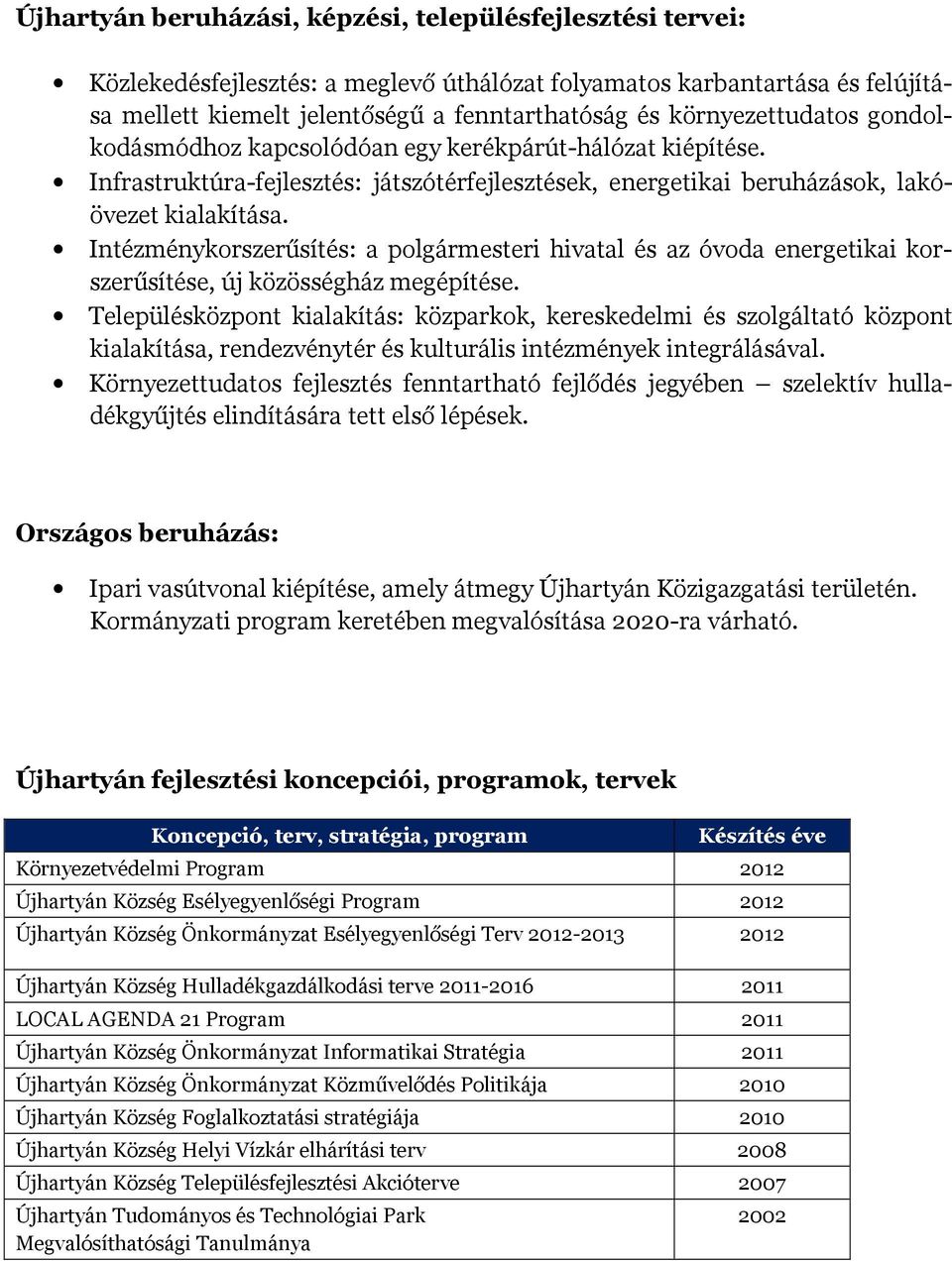 Intézménykorszerűsítés: a polgármesteri hivatal és az óvoda energetikai korszerűsítése, új közösségház megépítése.