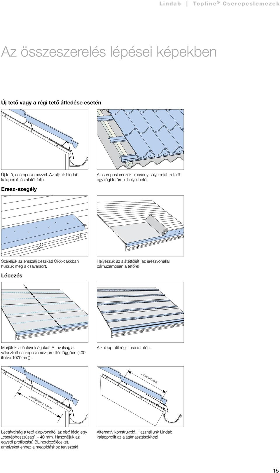 Lécezés Helyezzük z látétfóliát, z ereszvonlll párhuzmosn tetőre! Mérjük ki léctávolságokt! A távolság válsztott cserepeslemez-profiltól függően (400 illetve 1070mm)).
