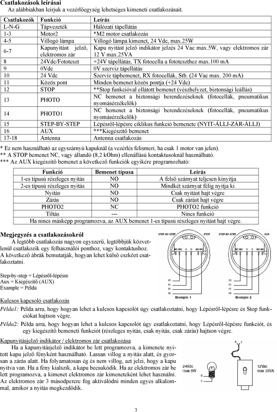 25w 6-7 Kapunyitást jelző, Kapu nyitást jelző indikátor jelzés 24 Vac max.5w, vagy elektromos zár elektromos zár 2 V max.25va 8 24Vdc/Fototeszt +24V tápellátás, TX fotocella a fototeszthez max.