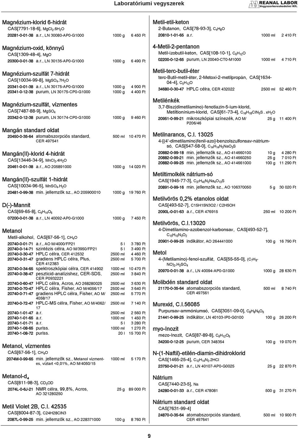 , LN 30175-AP0-G1000 1000 g 4 900 Ft 20341-0-12-38 purum, LN 30175-CP0-G1000 1000 g 4 400 Ft Magnézium-szulfát, vízmentes CAS[7487-88-9], MgSOÆ 20342-0-12-38 purum, LN 30174-CP0-G1000 1000 g 9 460 Ft