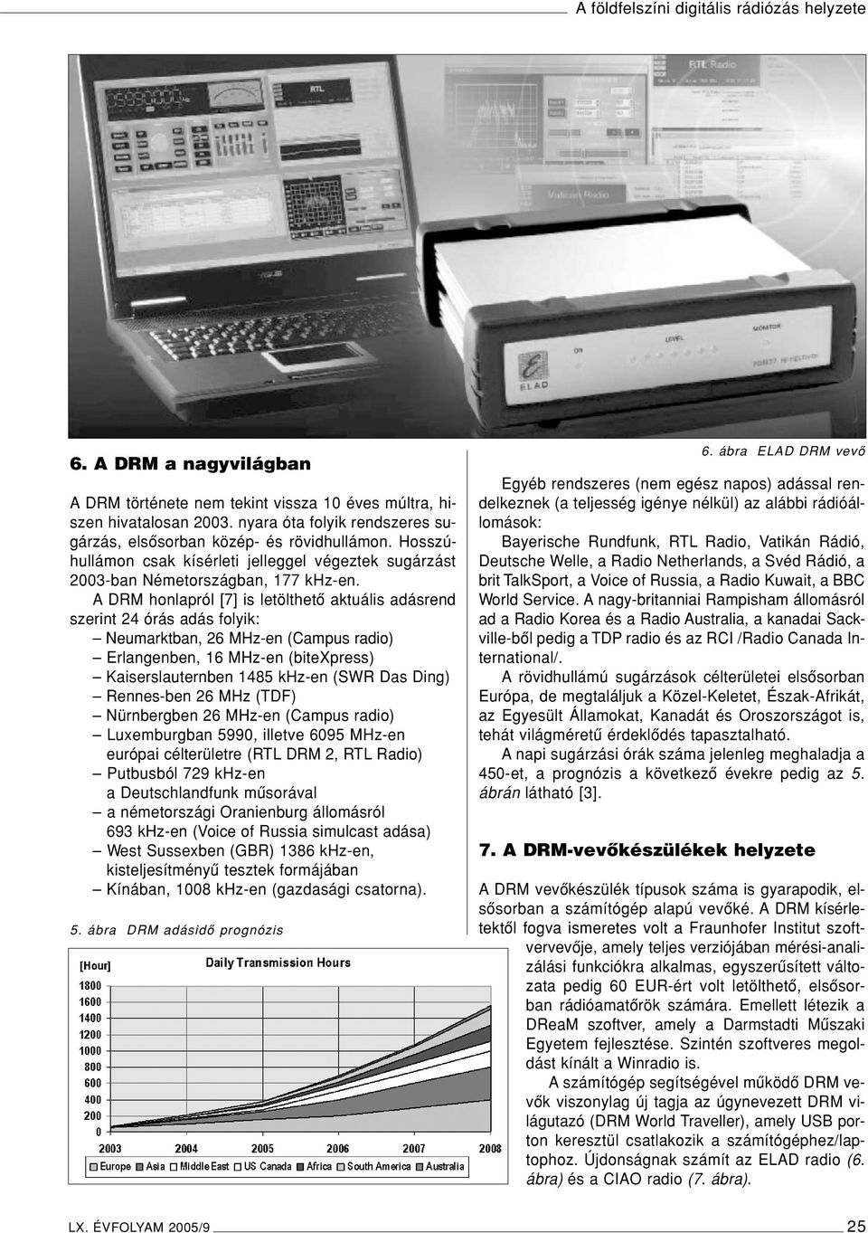 A DRM honlapról [7] is letölthetô aktuális adásrend szerint 24 órás adás folyik: Neumarktban, 26 MHz-en (Campus radio) Erlangenben, 16 MHz-en (bitexpress) Kaiserslauternben 1485 khz-en (SWR Das Ding)