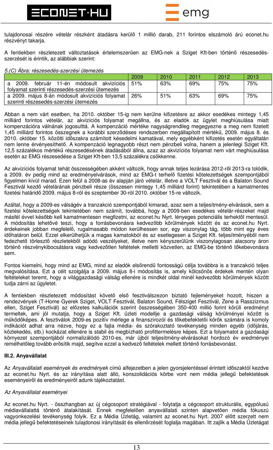 február 11-én módosult akvizíciós folyamat szerinti részesedés-szerzési ütemezés a 2009.